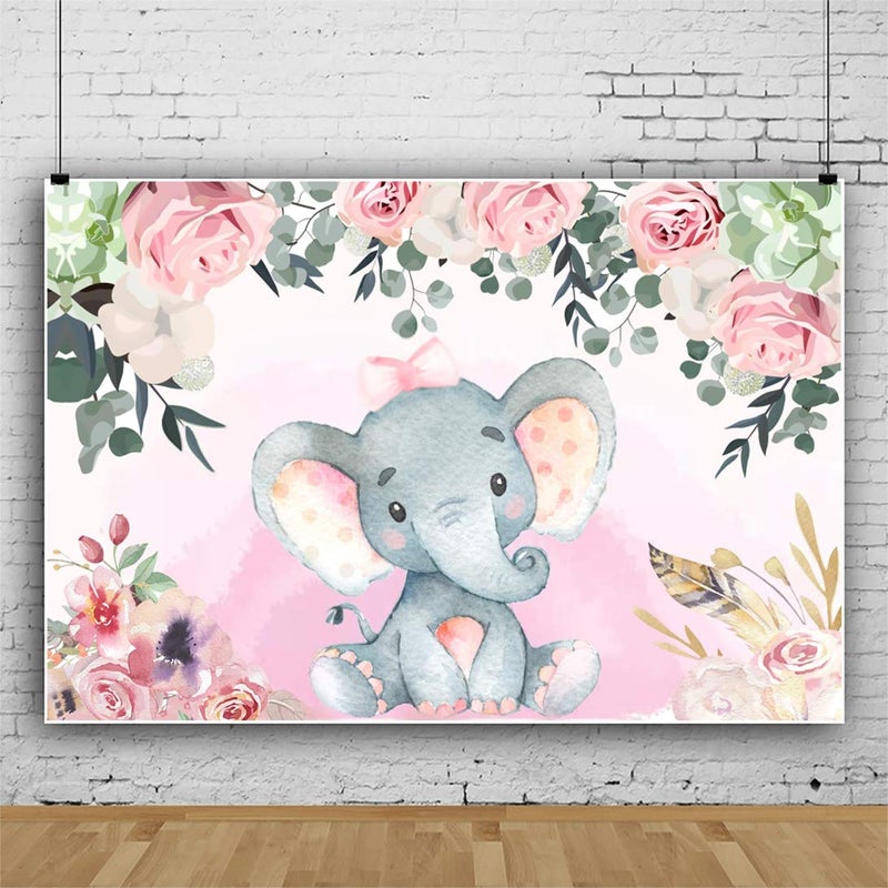 AOFOTO 5x3ft Pink Flowers Elephant Baby Shower Backdrop for Girl Sweet Floral Gender Reveal Background for Photography Kids Infant Birthday Party Banner Cake Table Decoration Photo Studio Props Vinyl - Image 2